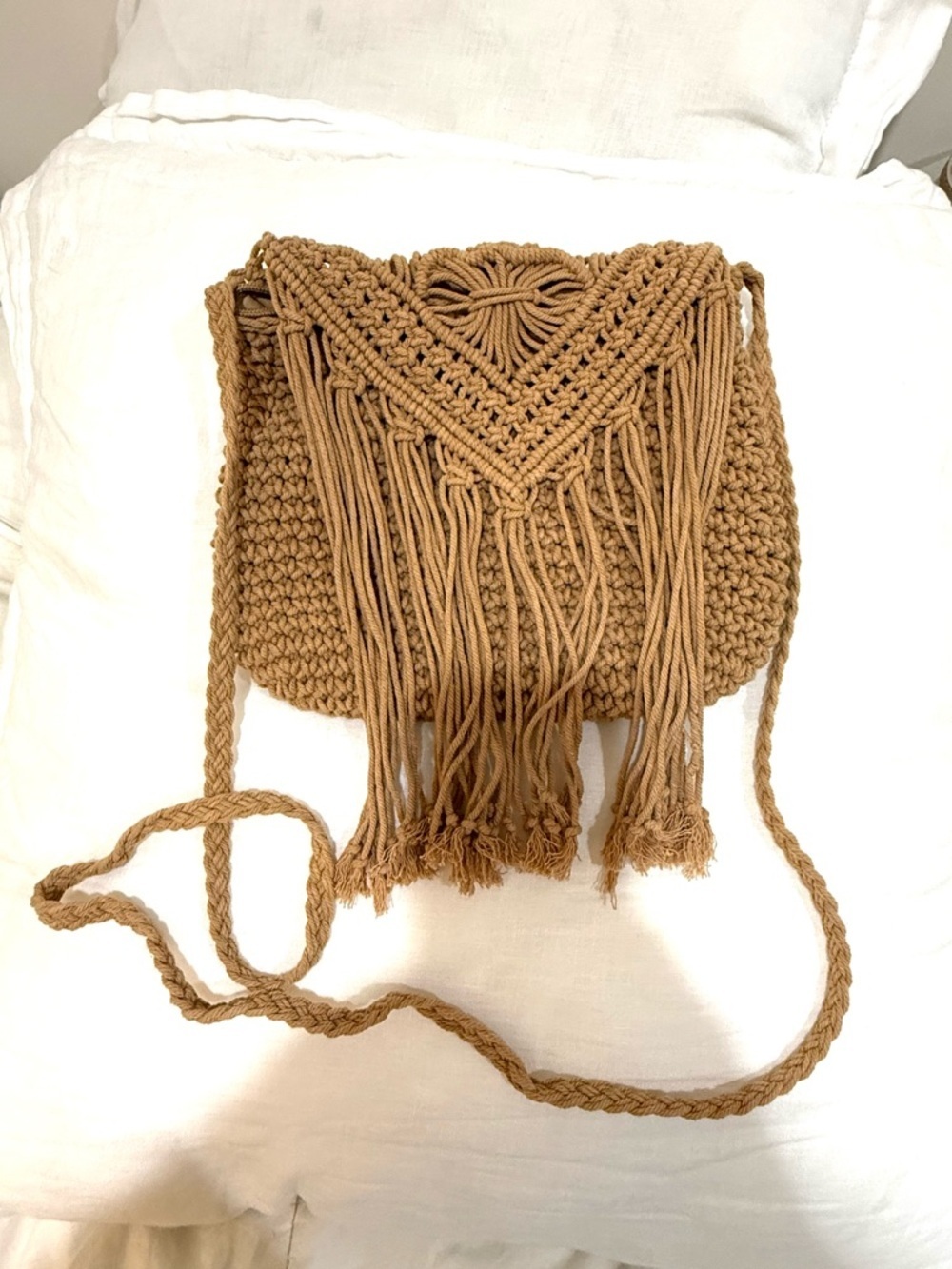 Handmade Macramé Fringe Shoulder Bag - Camel